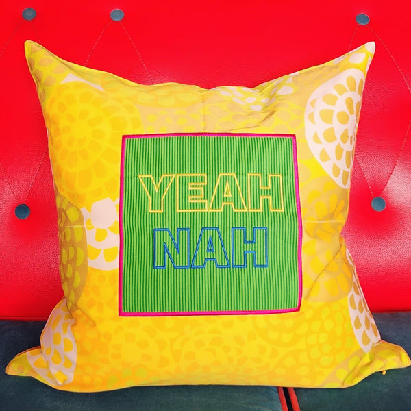 Yeah Nah on Fiesta Yellow – Cushion Cover – 50cm x 50cm
