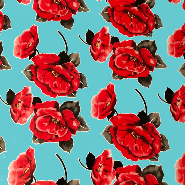 Red Flower Pale Blue - Oil Cloth